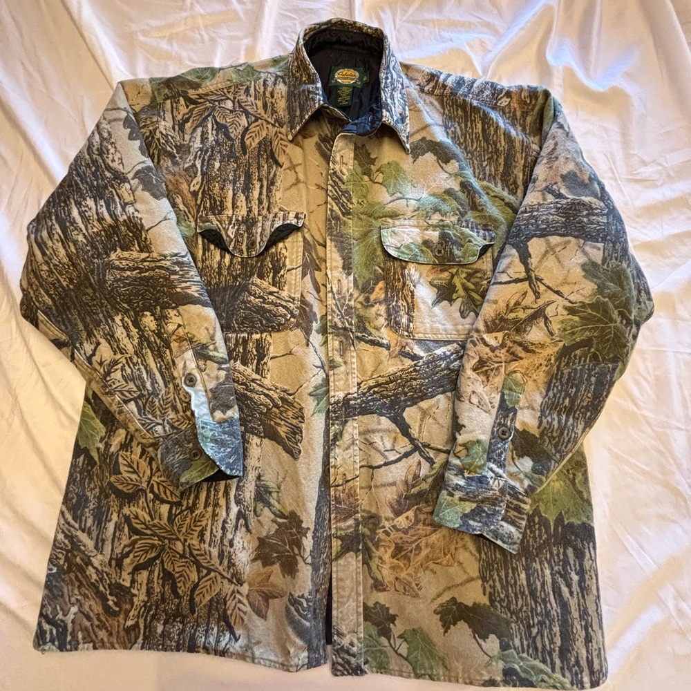 Vintage Cabela's Realtree Camo Lined Jacket XL Hunting Button Up Collared Warm